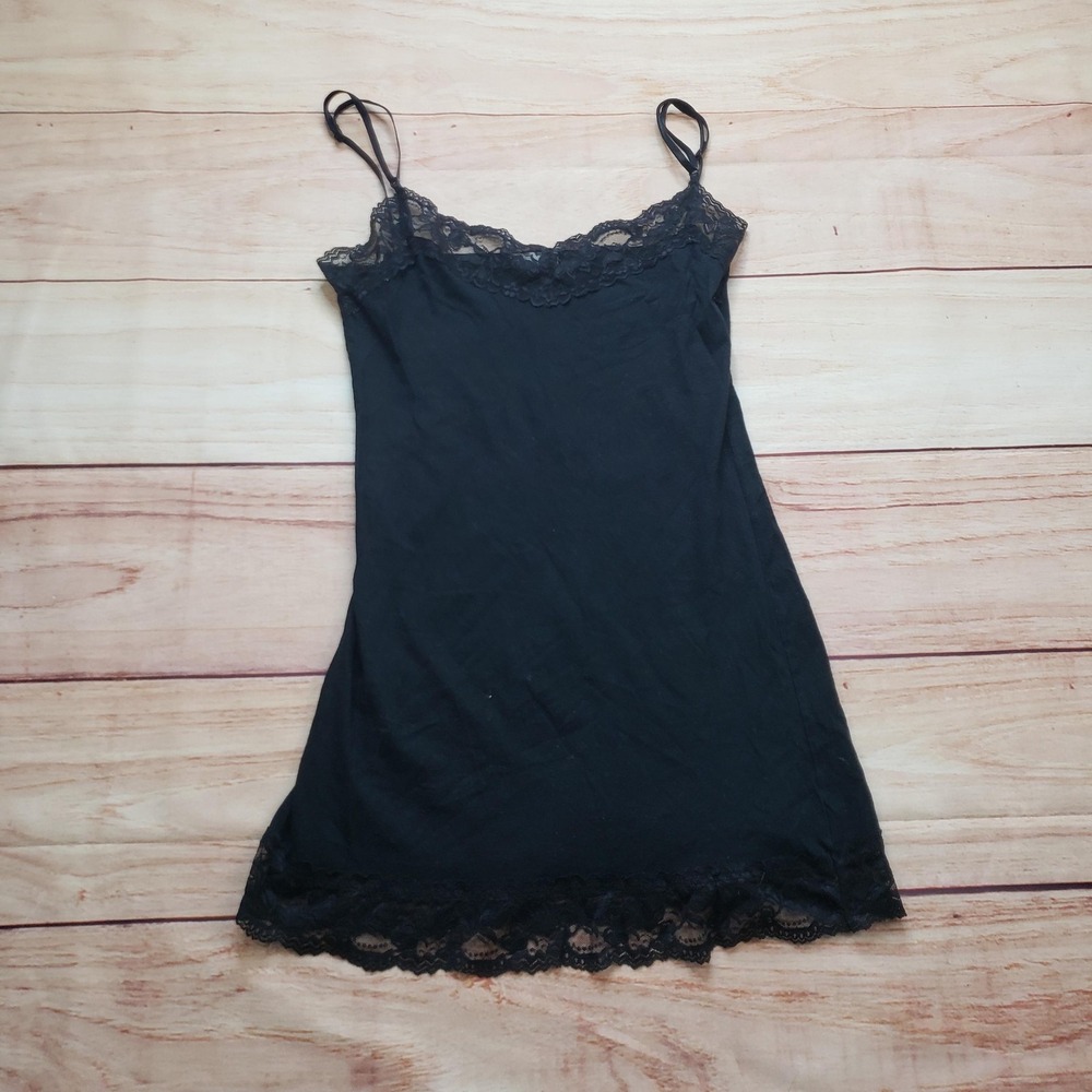 Zenana Outfitters Chemise Full Slip Dress Womens M Black Lace Trim Stretch